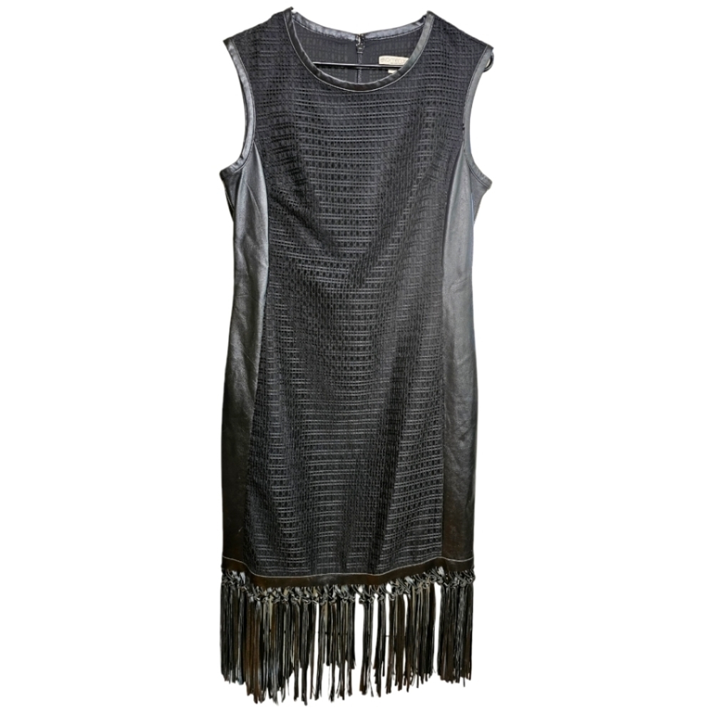 Eva Mendes faux leather black dress with fringe. Size 8